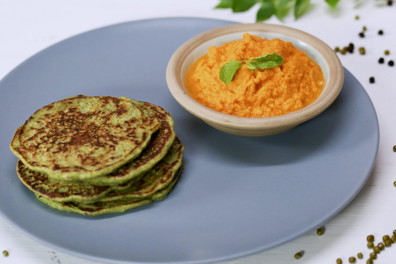 Mung Beans Pancakes, Roasted Tomato Coconut Chutney