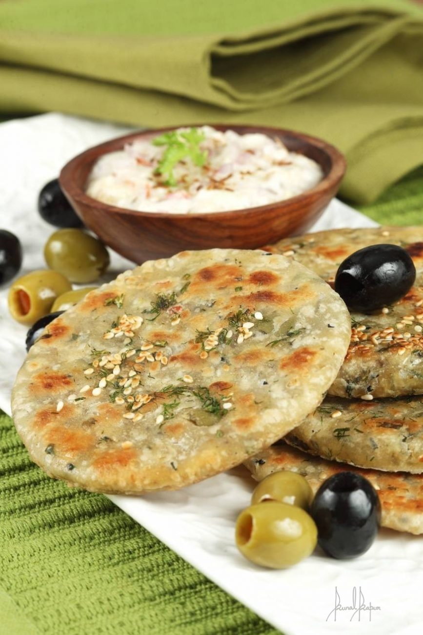 Olive Parantha with Eggplant Raita
