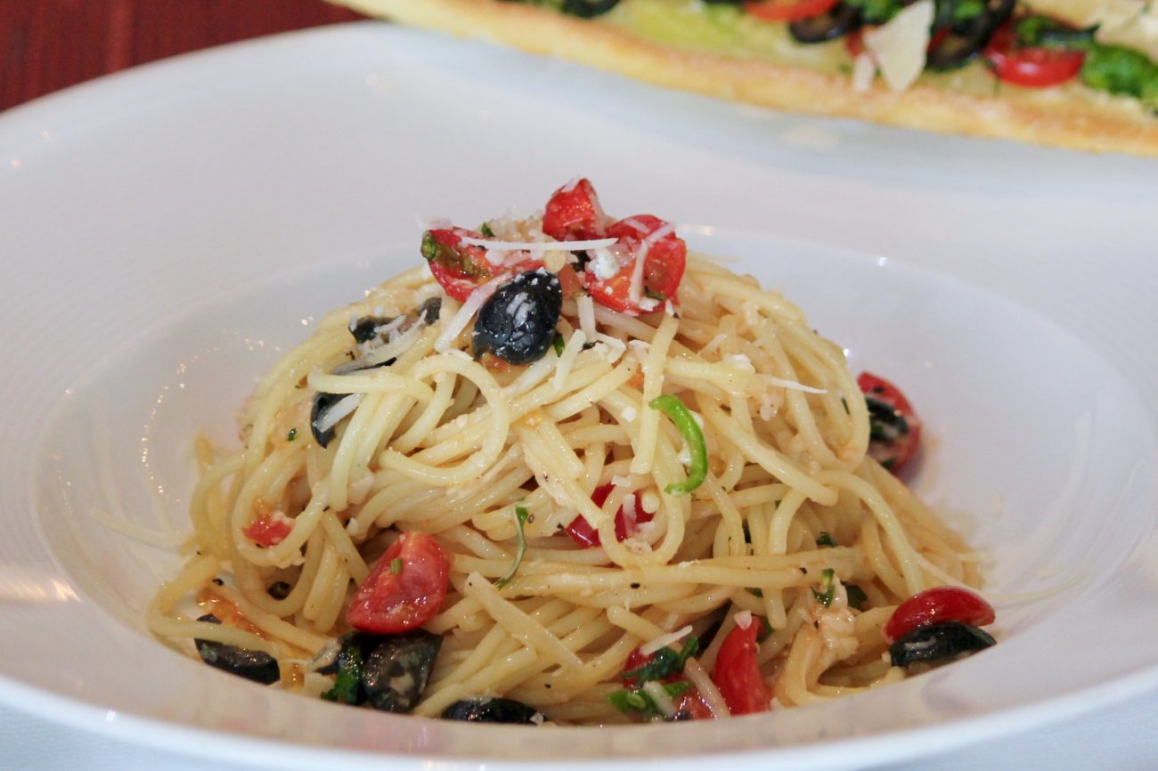 Spaghetti with Tomato Olives and Parmesan