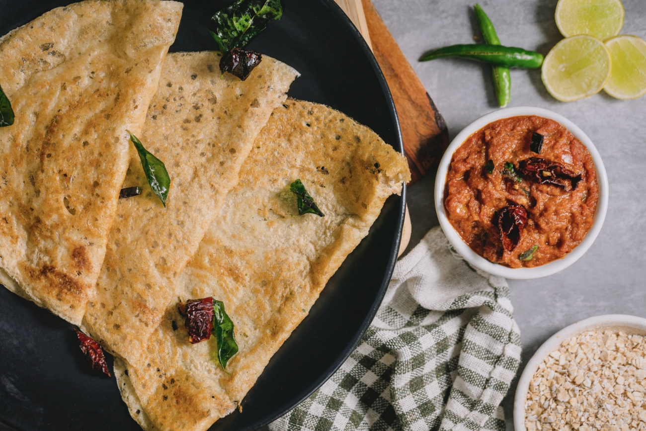 Instant Oats Dosa, Spicy Tomato Chutney